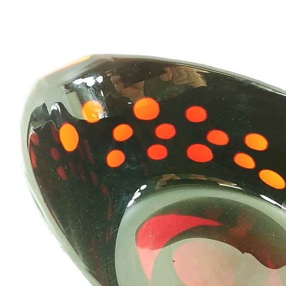 Art Glass Oval Bowl Hand Blown Pontil Mark Ruby Red Transparent Etched Circles - Picture 4 of 10